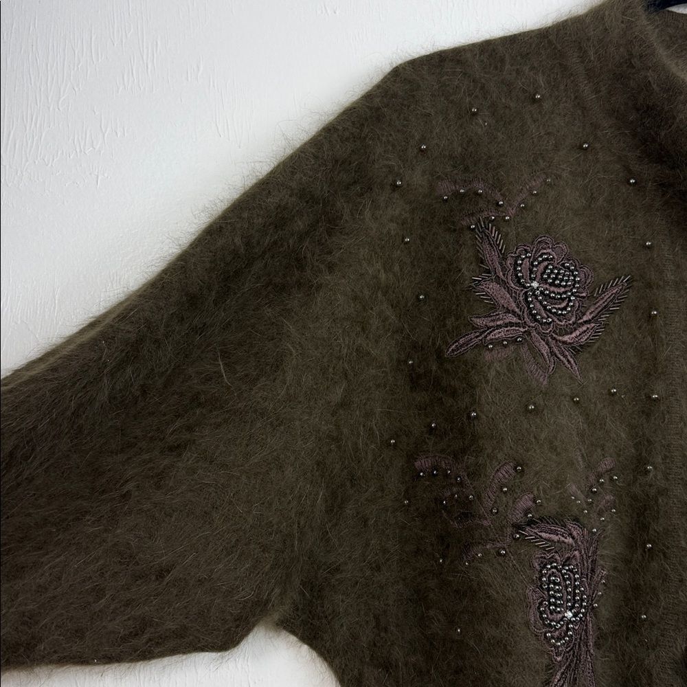 Vintage Eddie Dassin Angora Blend Cardigan Beaded Embroidered Brown Size L - Picture 3 of 9